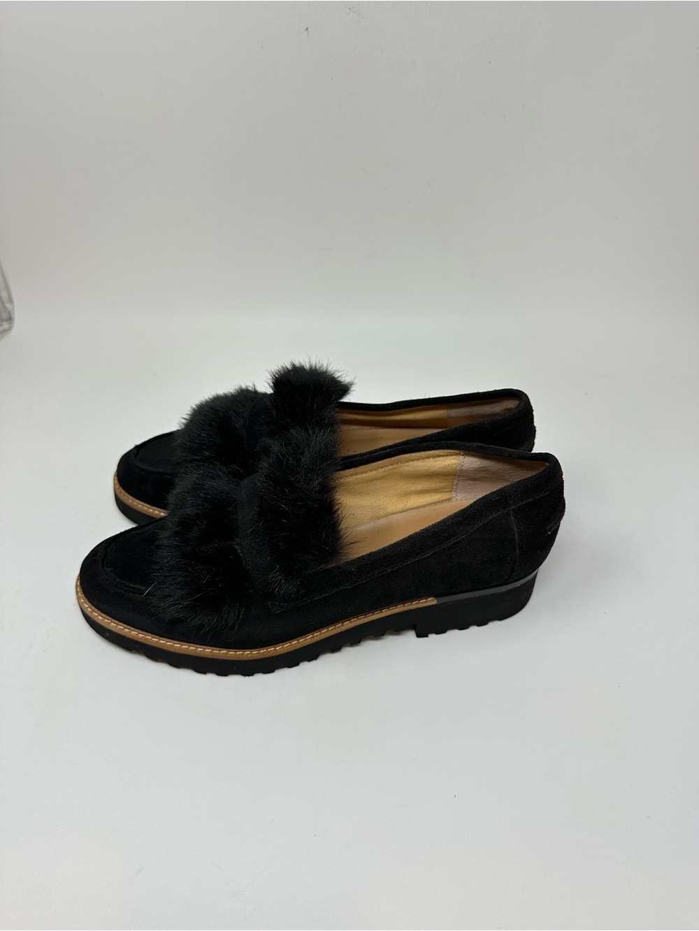 Franco Sarto Harriet Sued Black Wedge Loafers Fur Detail SZ 8.5M